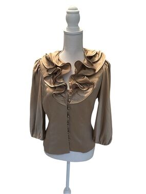 Rickie Freeman Teri Jon Ruffle 100% Silk Gold Blouse Size 8 NWOT